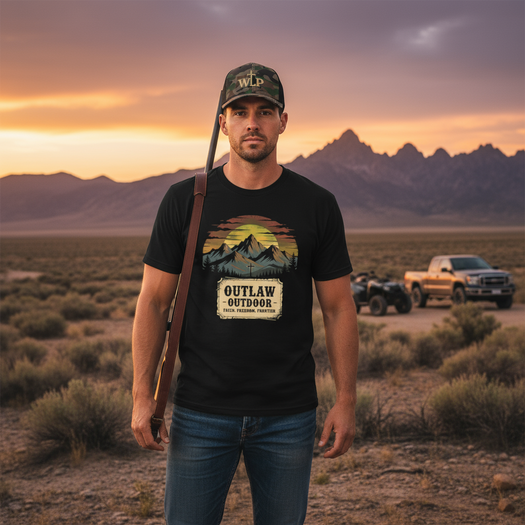 an wearing Outlaw Outdoor tee with camo cap and rifle in wilderness at sunset - White Legacy Apparel outdoor collection