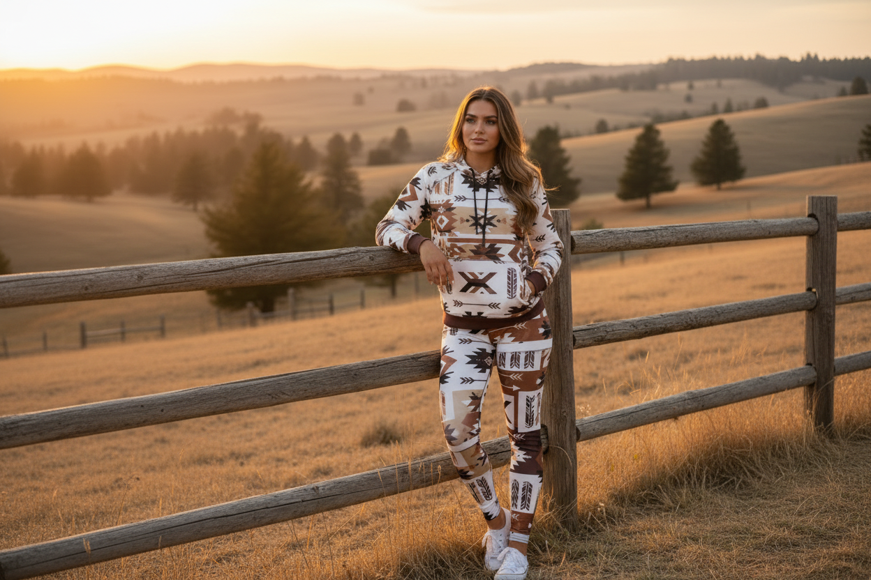 Woman wearing Spirit Trail matching set with Southwestern pattern at ranch fence during golden hour