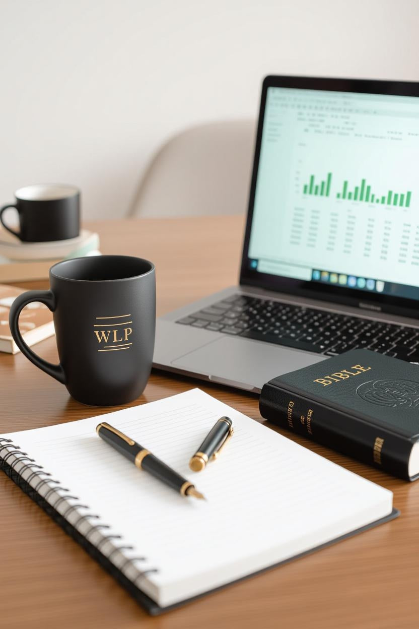 Black WLP mug on a desk with notebook, pen, laptop, and Bible.