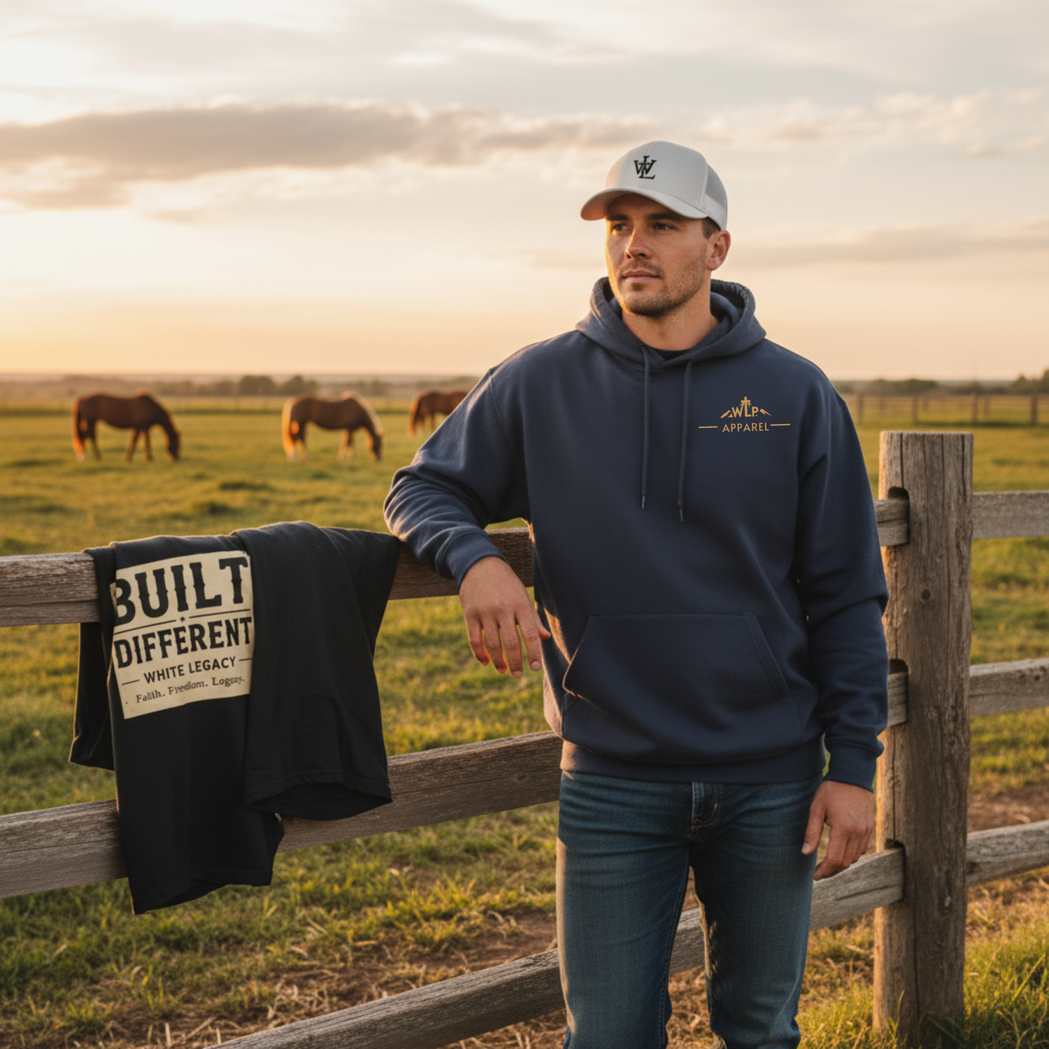 Clean-shaven man wearing Finish the Race hoodie, Cinch jeans, and God's Plan cap by fence with horses grazing at sunset - White Legacy Apparel collection