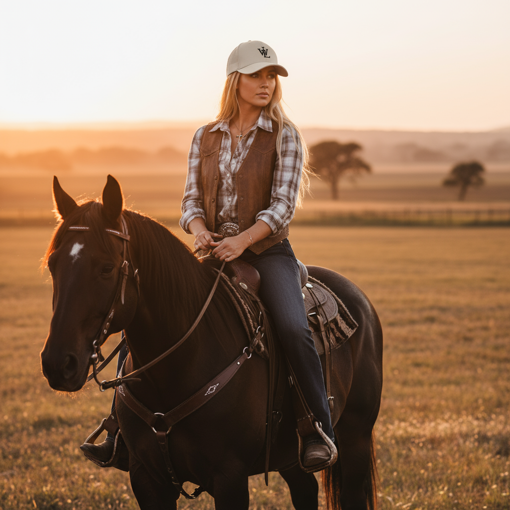 Woman wearing White Legacy trucker cap on horseback at sunset - Faith-based headwear collection