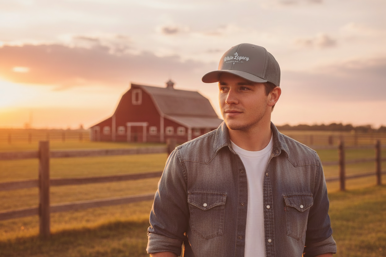 Man wearing White Legacy trucker hat at ranch with barn during golden hour sunset