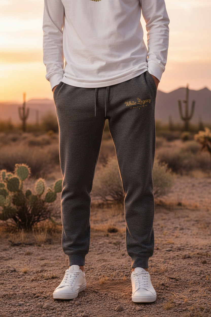 Man wearing charcoal gray White Legacy fleece joggers with gold logo in desert during golden hour