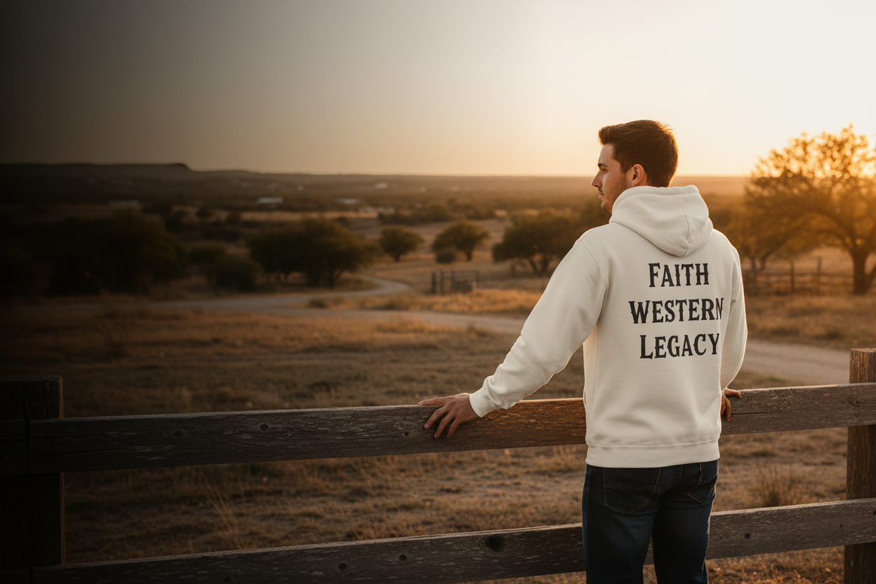 man in the white legacy hoodie on a ranch at sunset