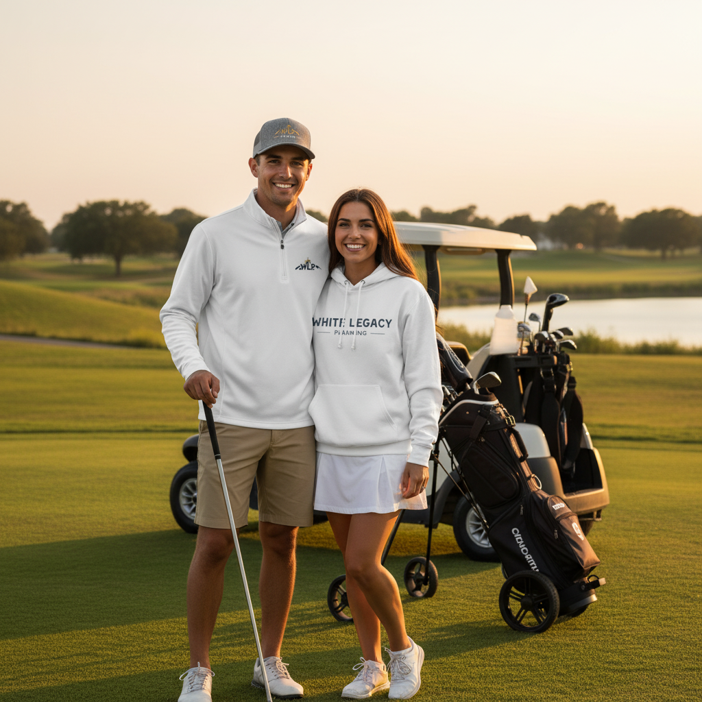Couple golfing in White Legacy Apparel - Heritage Quarter-Zip with Stockman Trucker Cap and Oath Hoodie on golf course at sunrise