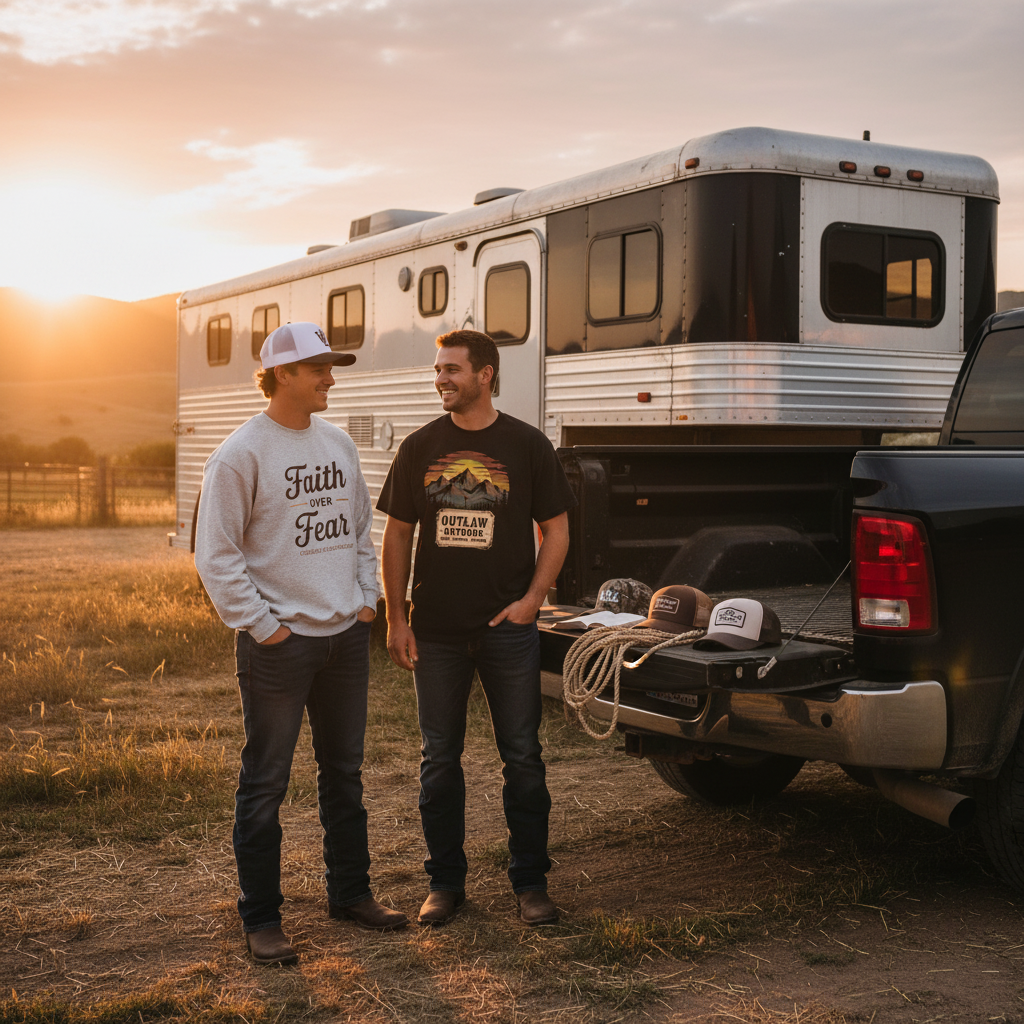 Two brothers wearing White Legacy Apparel by Ram 3500 truck with living quarter horse trailer at sunset - Faith Over Fear sweatshirt and Outlaw Outdoor tee with hats, rope and Bible
