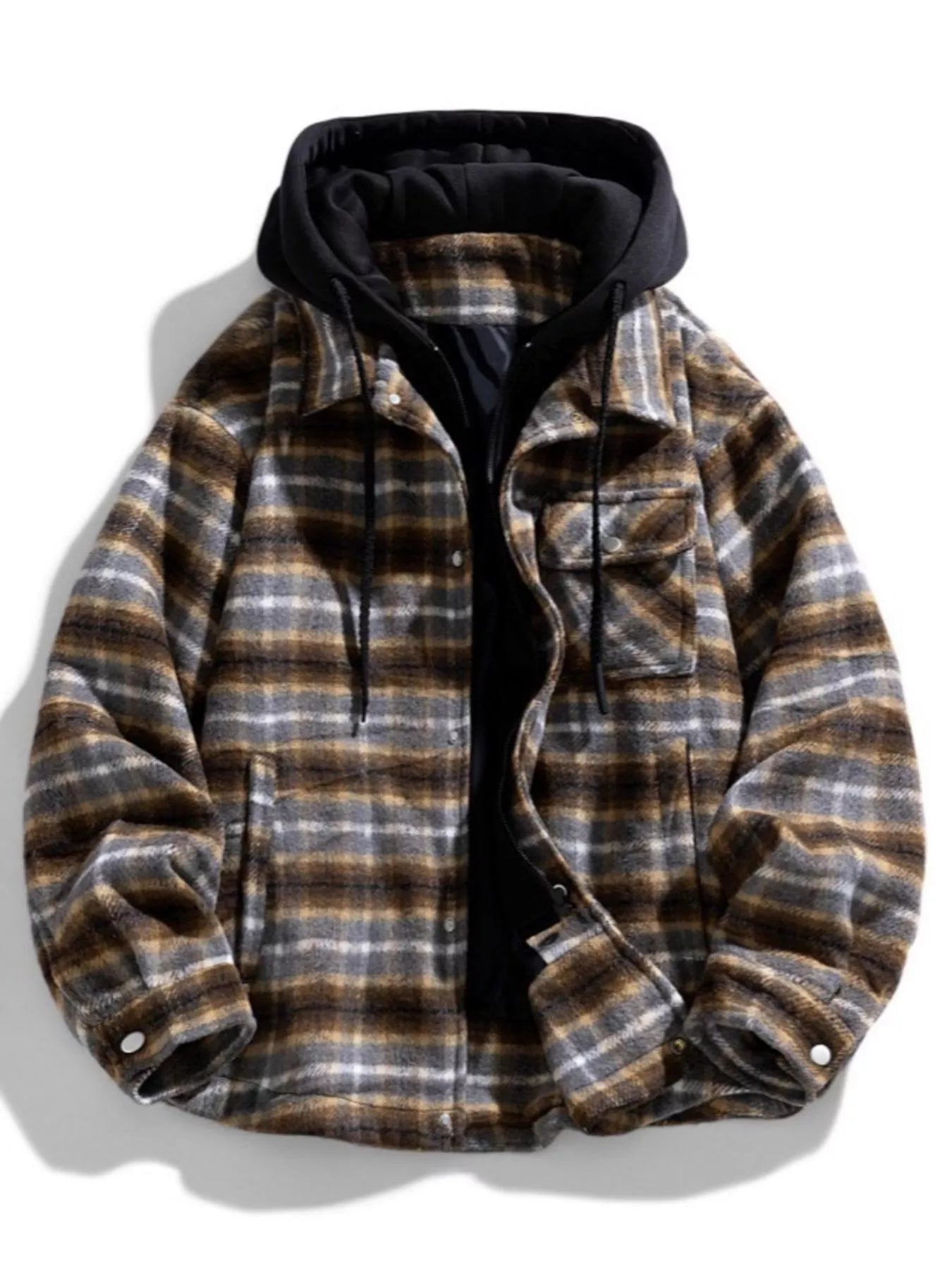 Men's Plus Size Drawstring Hooded Plaid Shirt Jacket Brown