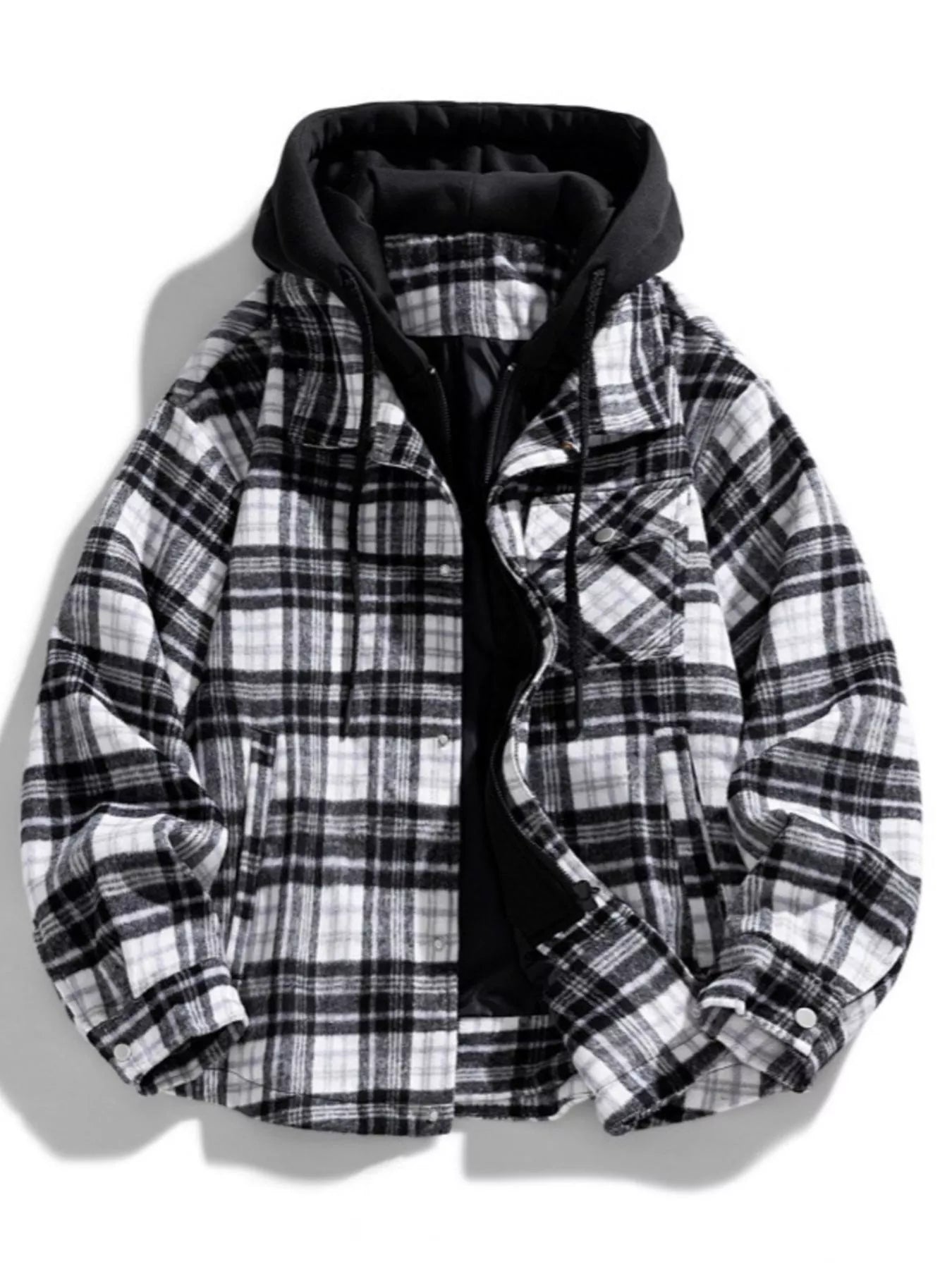 Men's Plus Size Drawstring Hooded Plaid Shirt Jacket Black