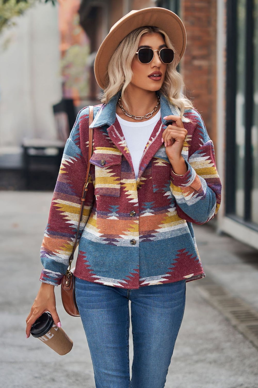 Printed Collared Neck Jacket Burgundy