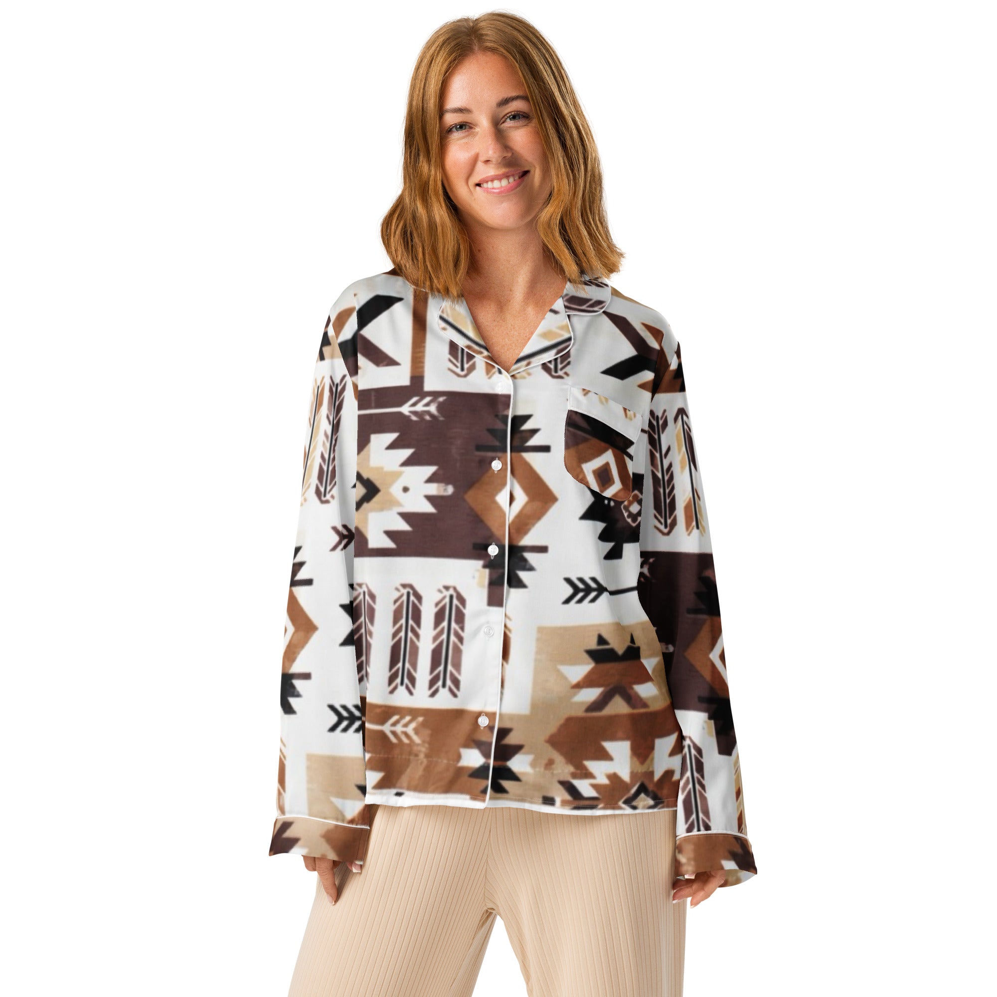 Women's Southwestern Pajama Top - Long Sleeve Silky Sleepwear | Western Heritage Print