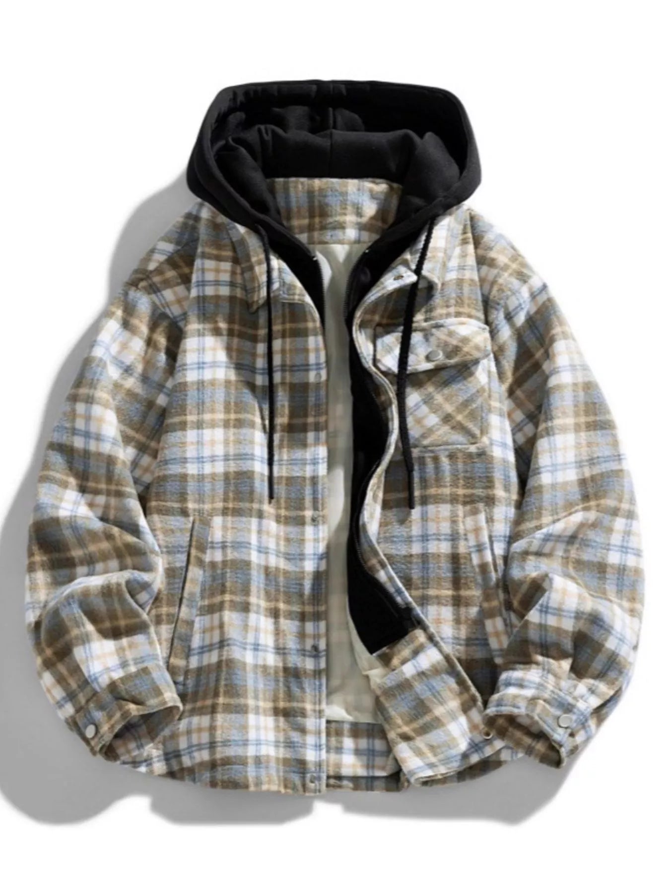 Men's Plus Size Drawstring Hooded Plaid Shirt Jacket Beige