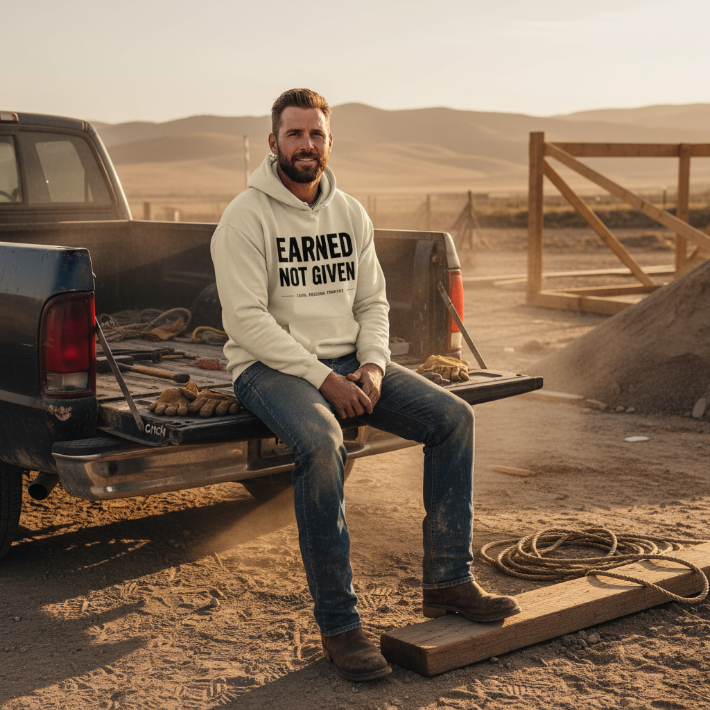 Man wearing Earned Not Given hoodie on dusty truck tailgate at job site - White Legacy Apparel outdoor work lifestyle