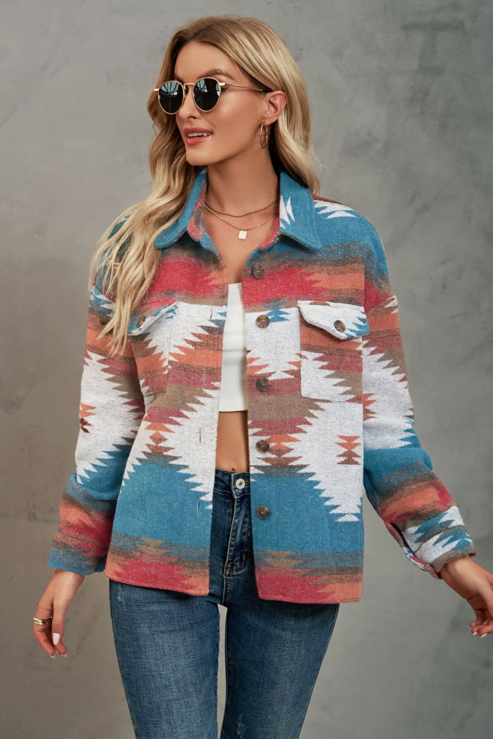 Printed Collared Neck Jacket Sky Blue