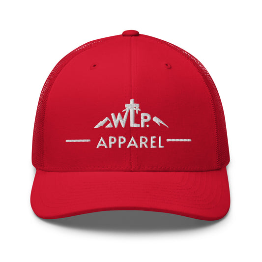Red cap with white logo and text on a white background