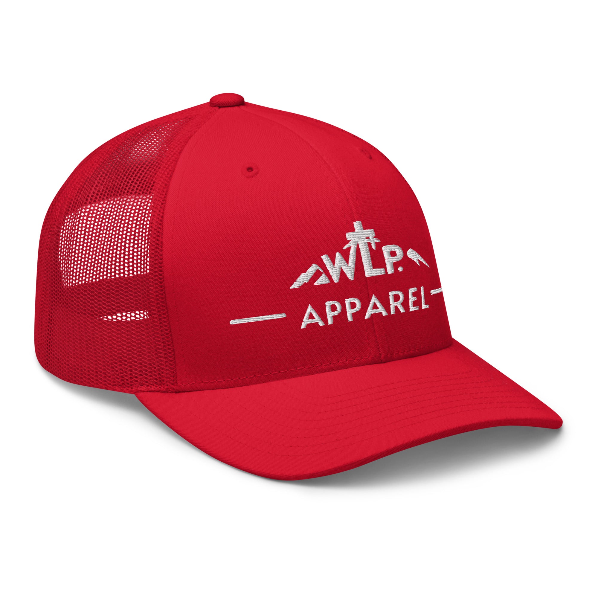 Red cap with 'WLP Apparel' logo on a white background