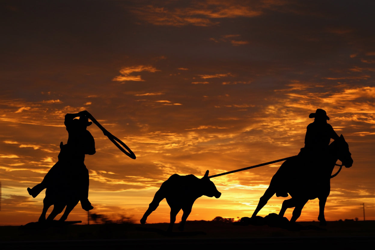 Silhouette of a person on horseback chasing a dog with a lasso against a sunset sky.