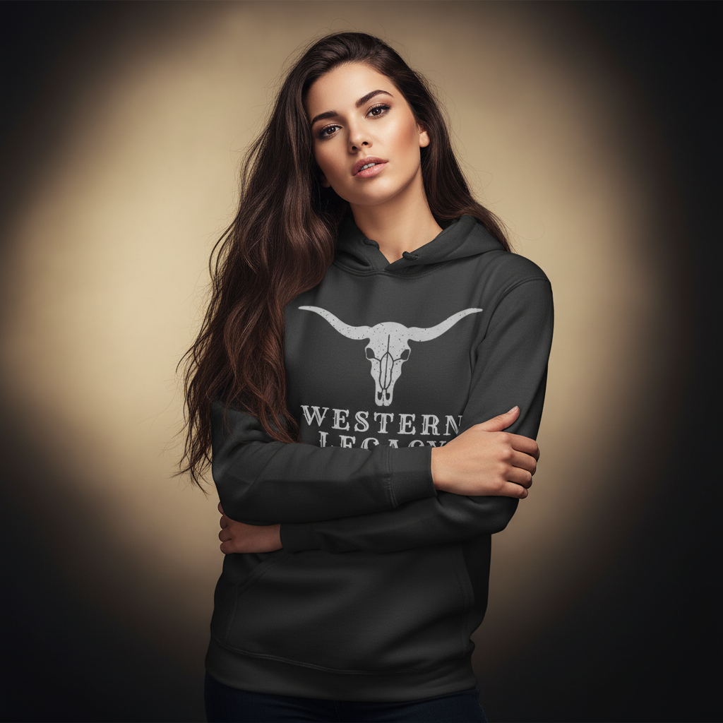 Western Wear - Brunette woman in Western Legacy longhorn hoodie with gold/black background
