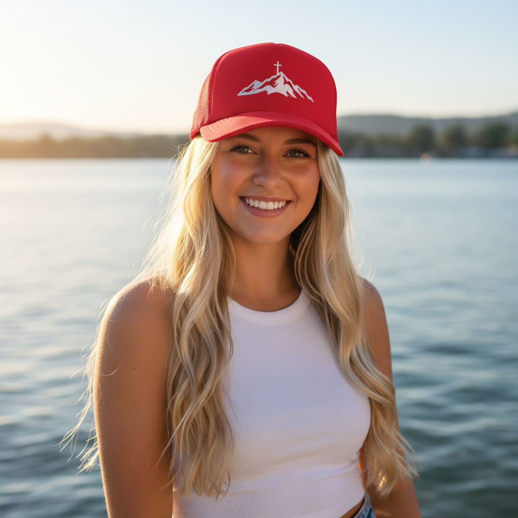 Woman Wearing Red Trucker Hat